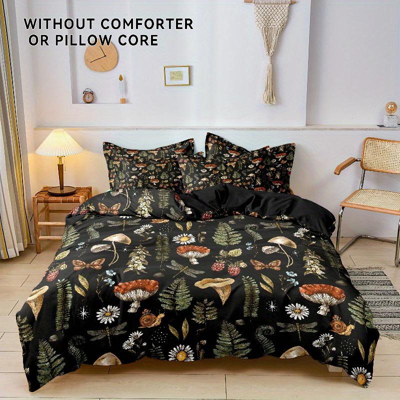 Green Leaf Pattern 3Pcs Bedding Set Soft And Breathable Floral Mushroom, Snail - Includes Quilt Cover And Pillowcases No Filling