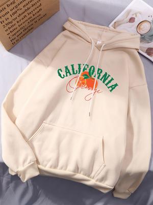 Худи с принтом California Orange Женские Зимние Флисовые Теплые Толстовки Повседневные Пуловеры с Карманом Уличная Свободная Женская Уличная Одежда