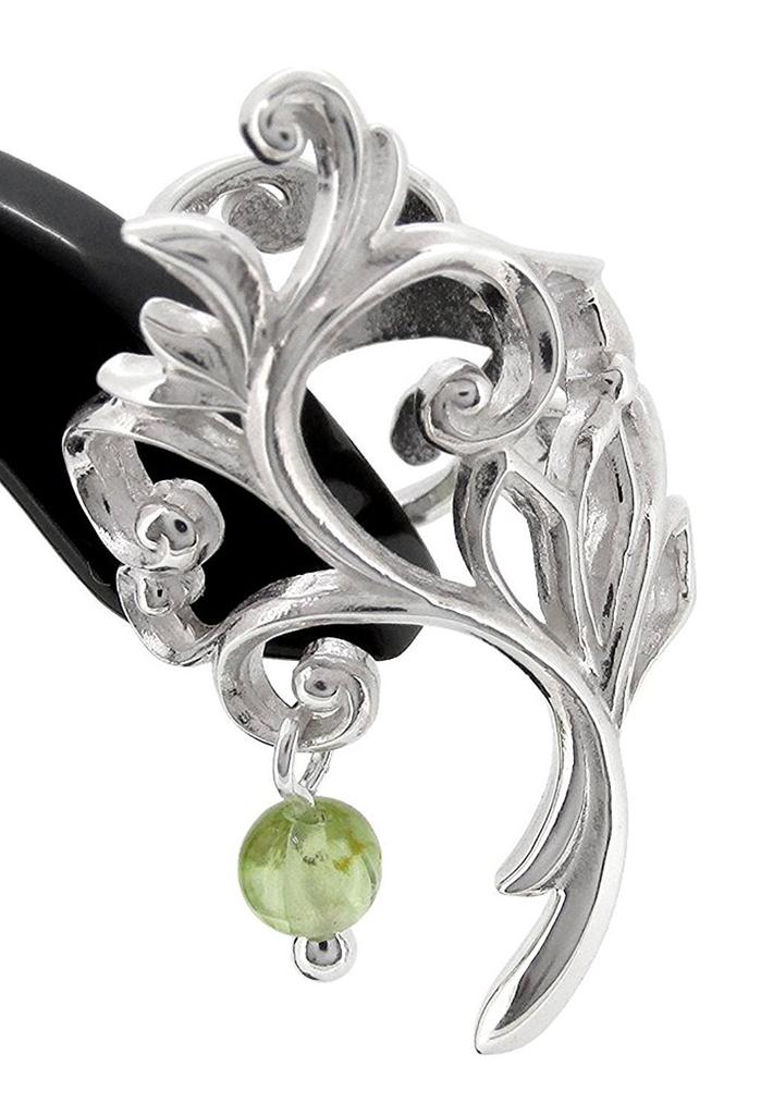 Shinjuku Gin No Kura Openwork Leaf & August Birthstone Peridot Silver Ear Cuff (Single Ear) for Women