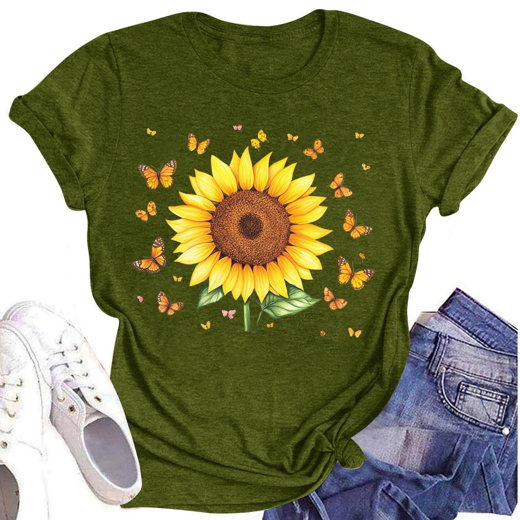 Женская повседневная футболка с круглым вырезом и цветочным принтом, короткий рукав