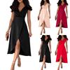Women's Fashion Solid Colour V-Neck Waist Ruffle Sleeve Irregular Dresses