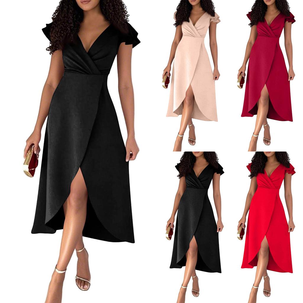 Women's Fashion Solid Colour V-Neck Waist Ruffle Sleeve Irregular Dresses
