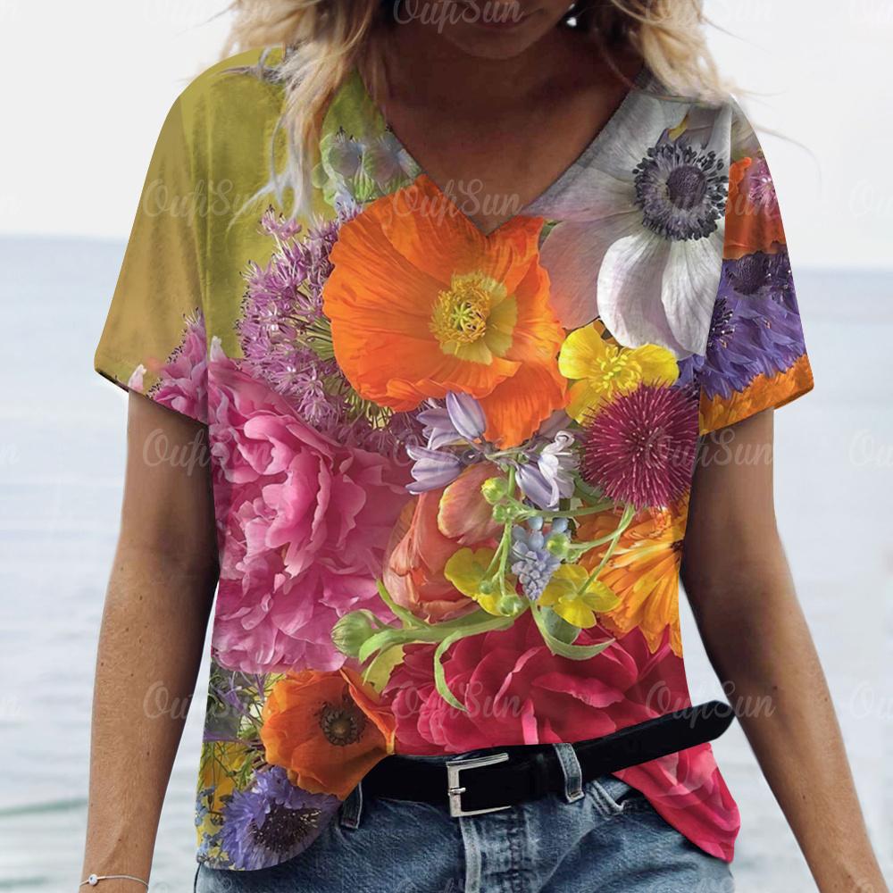 2024 Верхняя женская футболка с цветочным принтом, женская футболка большого размера, летняя женская одежда, дешевая женская рубашка с коротким рукавом, модная