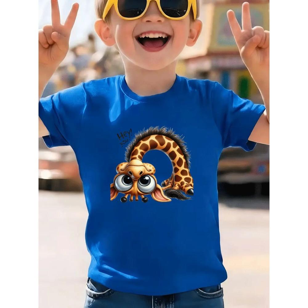 Children's Summer Leisure Trend Cartoon Giraffe "Hey Hello" Pattern T-shirt Summer Holiday Gift Daily Parent Child Wear