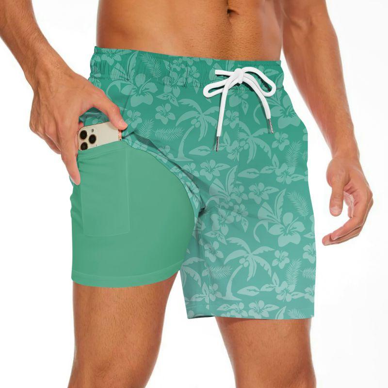 Men's Summer Double-layered Shorts Drawstring Swim Trunks Beach Printed Swim Pants with Pocket