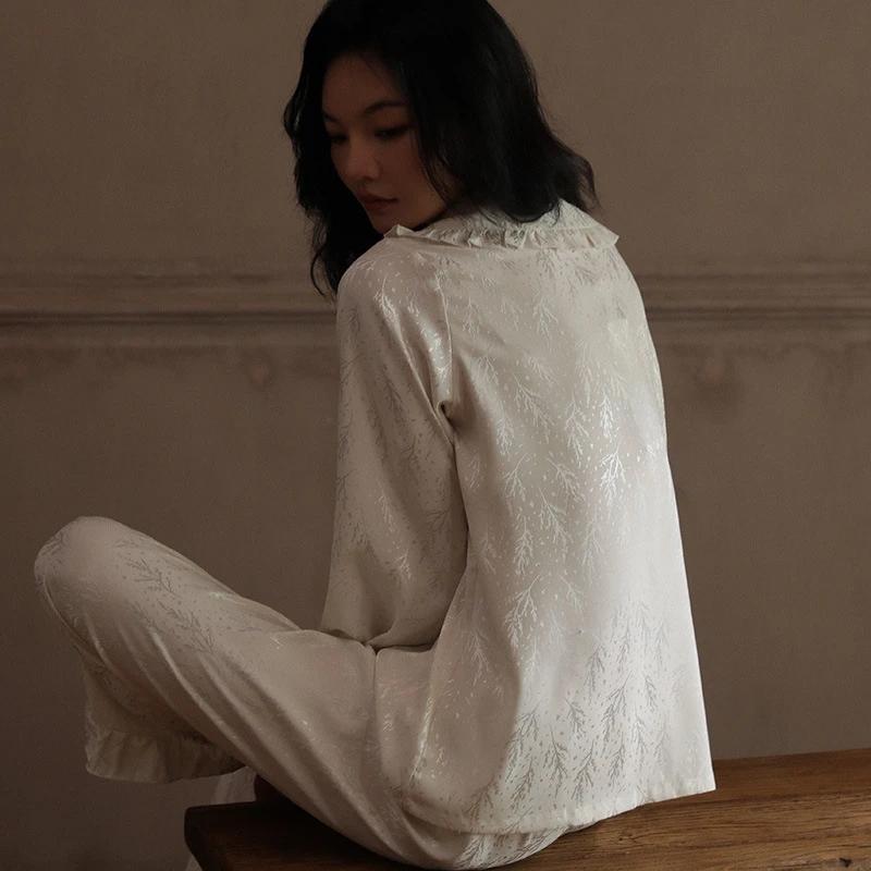 Elegant Jacquard Flower Women's Pajamas Set Satin Two Pieces Loungewear Casual Ruffle Collar Sleepwear Princess Style Pyjamas