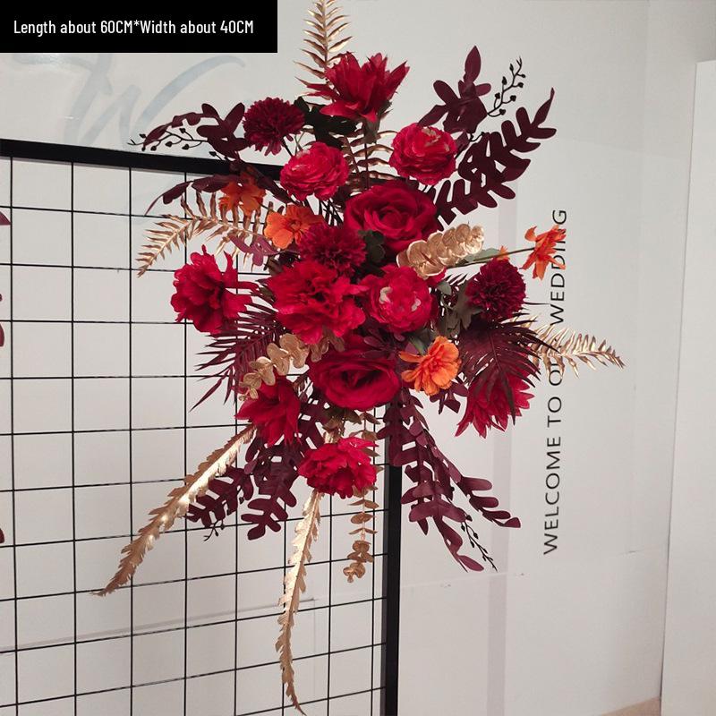 Red Floral Wedding Stage Backdrop with Artificial Flower Rows