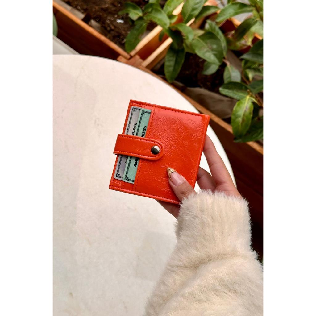 Orange Card Holder Detailed Faux Leather Wallet