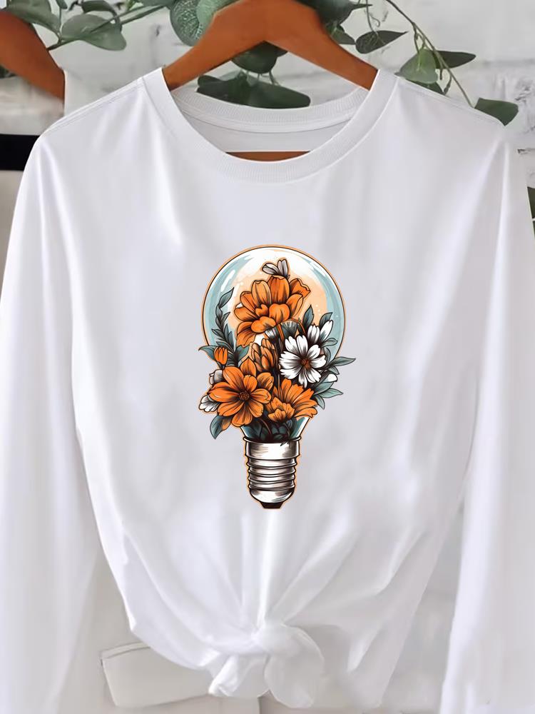 (Азиатский размер) Футболка с длинным рукавом Футболка с круглым вырезом Принт осень зима весна Женский тренд Цветочный тренд Одежда Повседневная Мода Топ Графические футболки