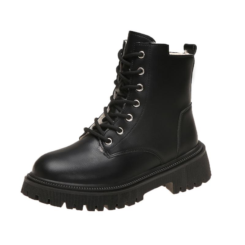 Fashion Women's Winter 2025 New Snow Boots with Velvet Flat Top Flat Shoes High Quality Lace Elegant PU Leather Casual Black Ankle Boots