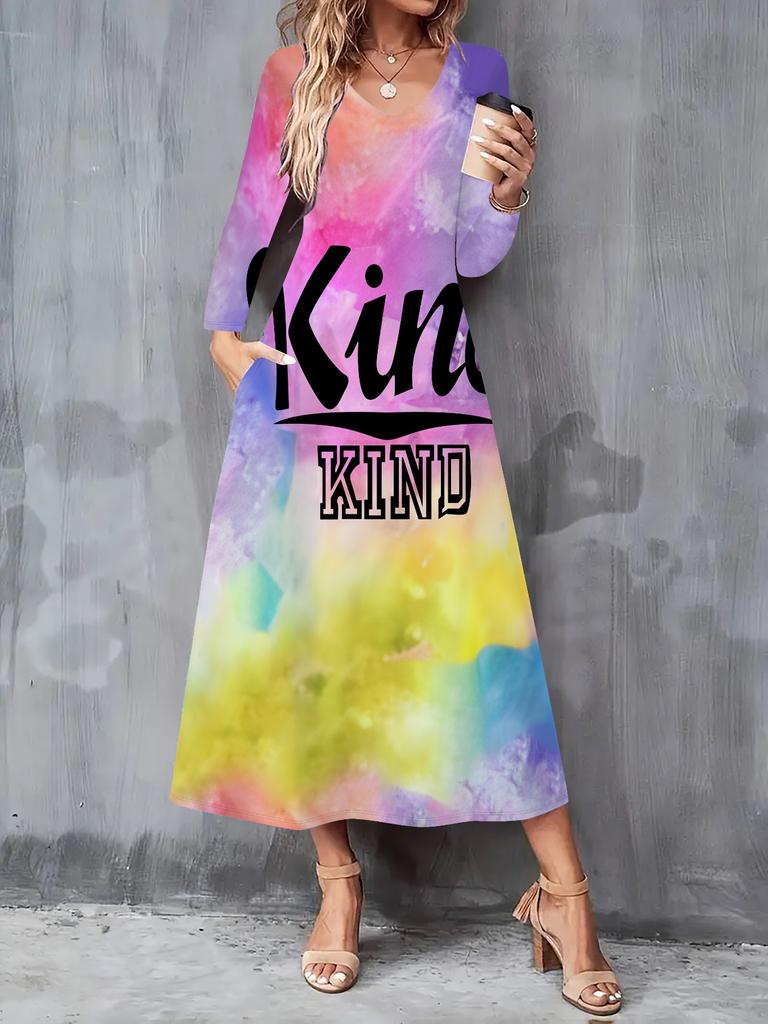 2025 Осень и Зима Новое Женское Повседневное Модное Платье 3D Ретро Принт с Узором Длинный Рукав V-образный Вырез А-силуэт Платья