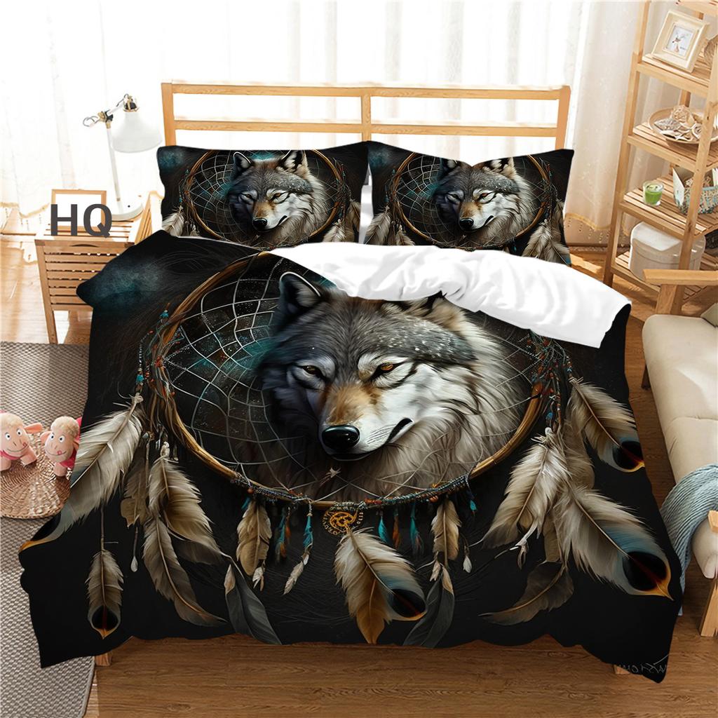Комплект постельного белья «Ловец снов» для дома, с узором волка, перьями, наволочка, комплект постельного белья, одиночный, двойной, полный размер, 2/3 шт., микрофибра