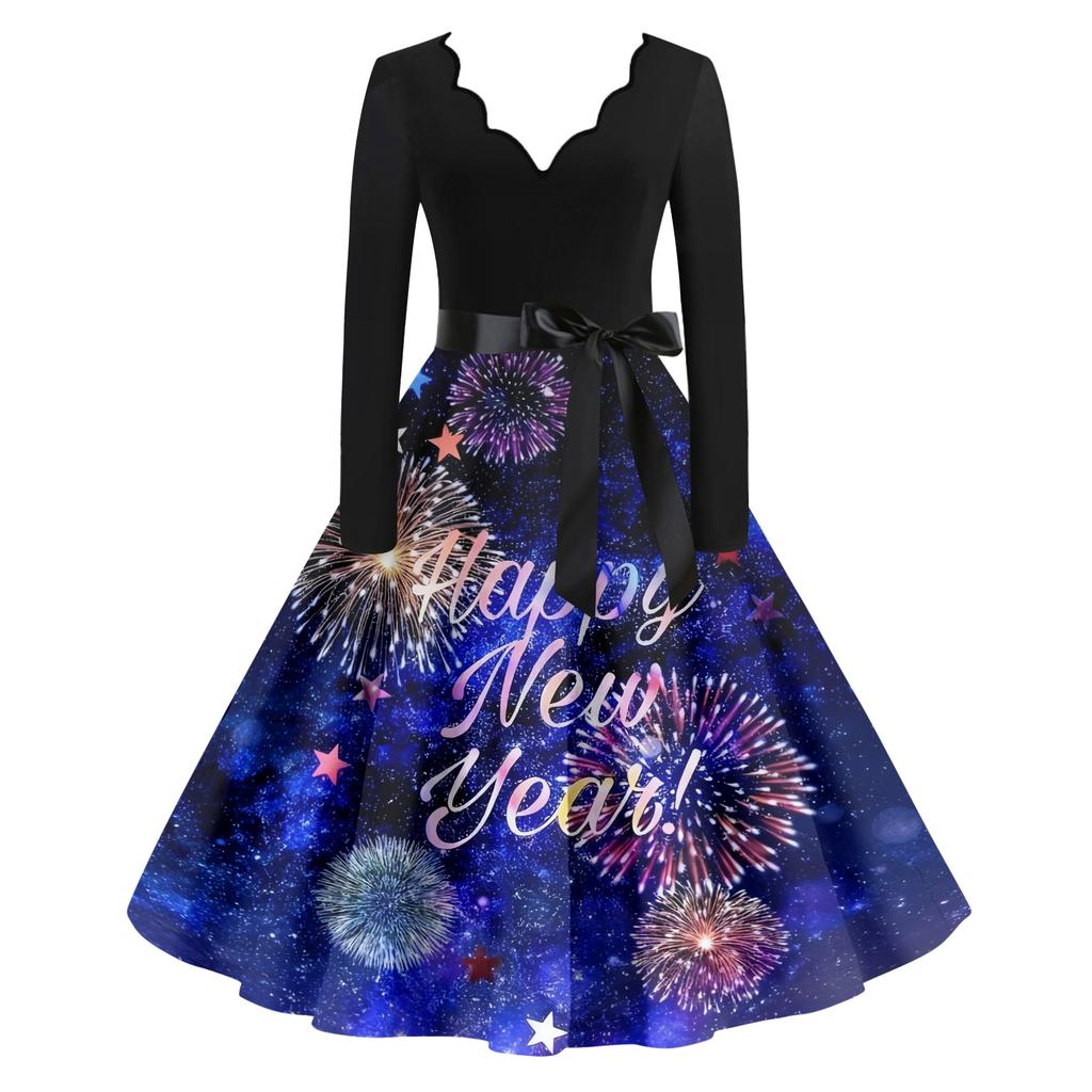 Женское повседневное модное платье винтажного стиля с V-образным вырезом и новогодним принтом