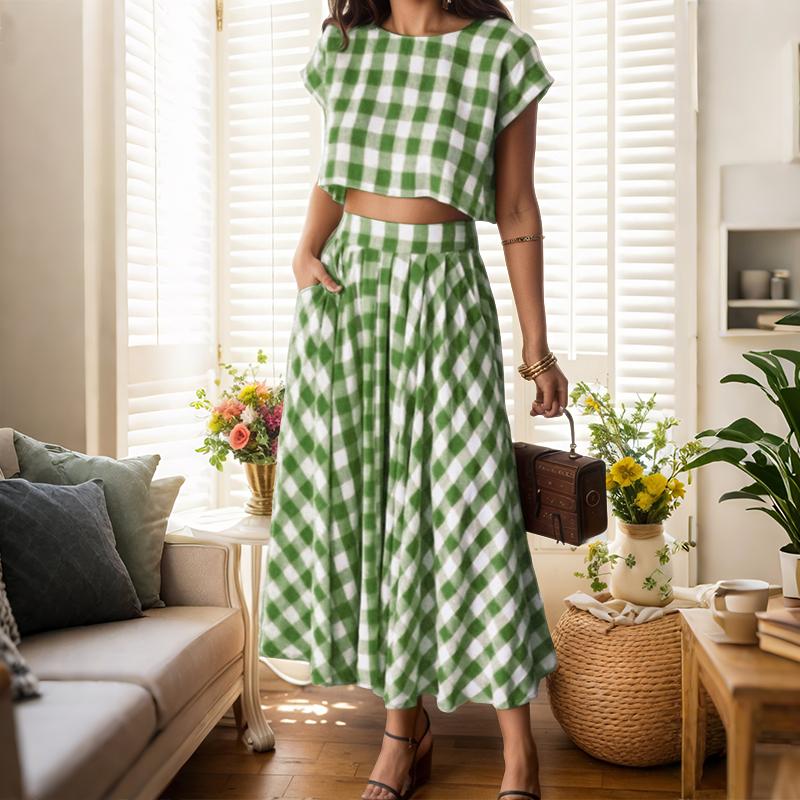 ZANZEA Women Short Sleeve Blouse and Long Skirts Plaid Print Two Piece Sets