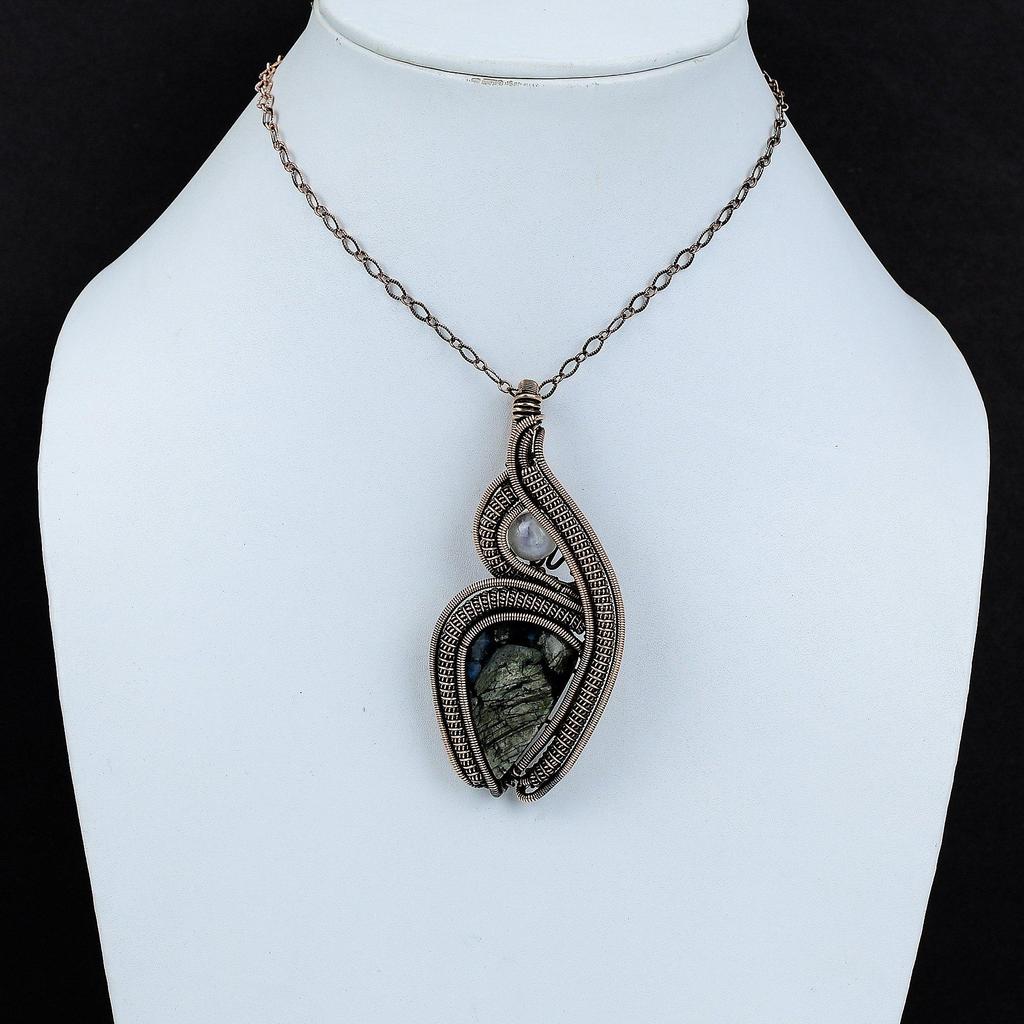 Кулон Que Sera, кулон с радужным лунным камнем, кулон с медной проволокой, кулон с драгоценным камнем ручной работы, медные украшения для подарка, украшения с проволочной обмоткой