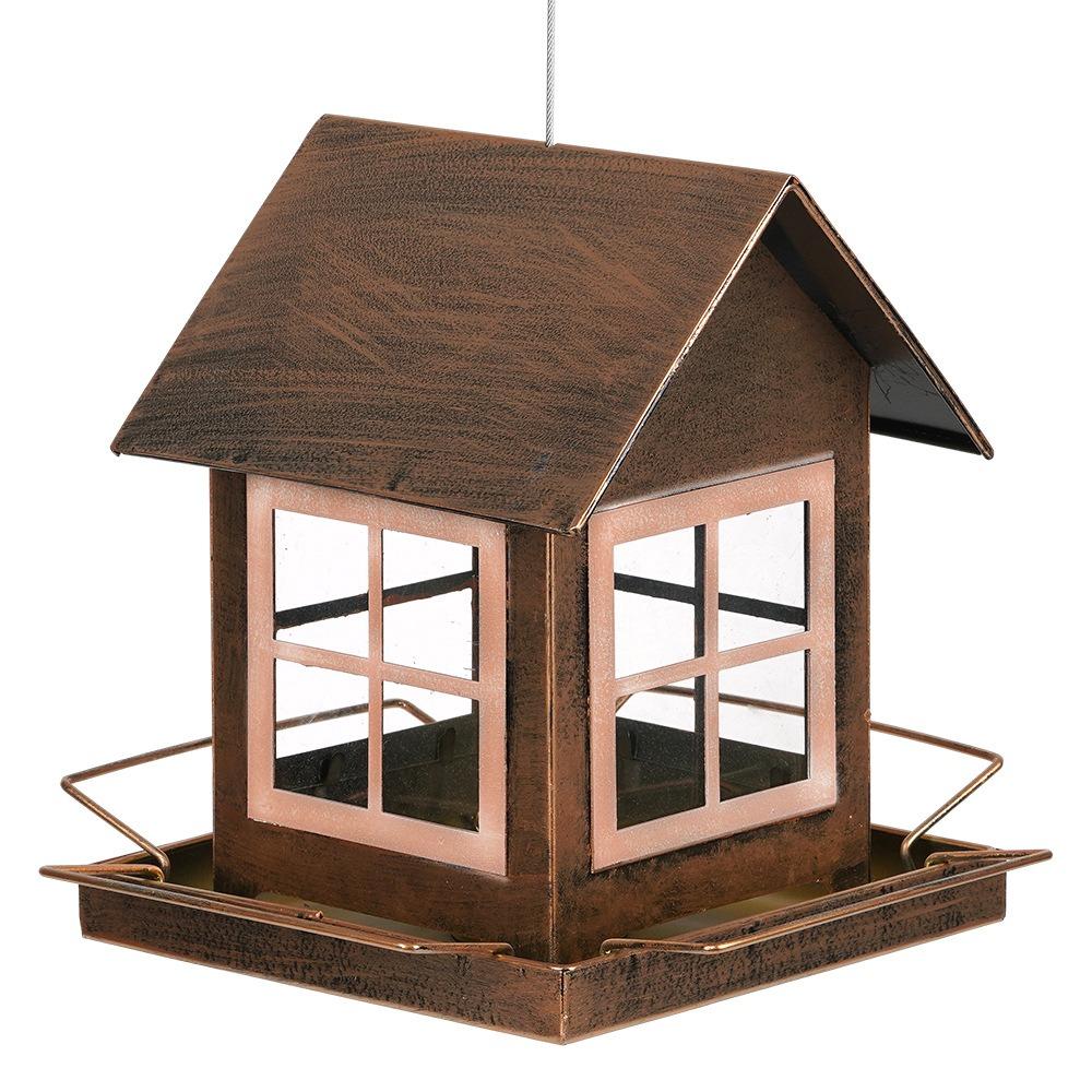 Pet Supplies Hanging Bird Feeder Large Capacity House Shape Bird Feeding Equipment Metal Windproof Parrot Feeding Station Garden