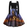 Платье с расклешенным принтом на Хэллоуин для женщин, платье с длинным рукавом, полые вечерние повседневные платья