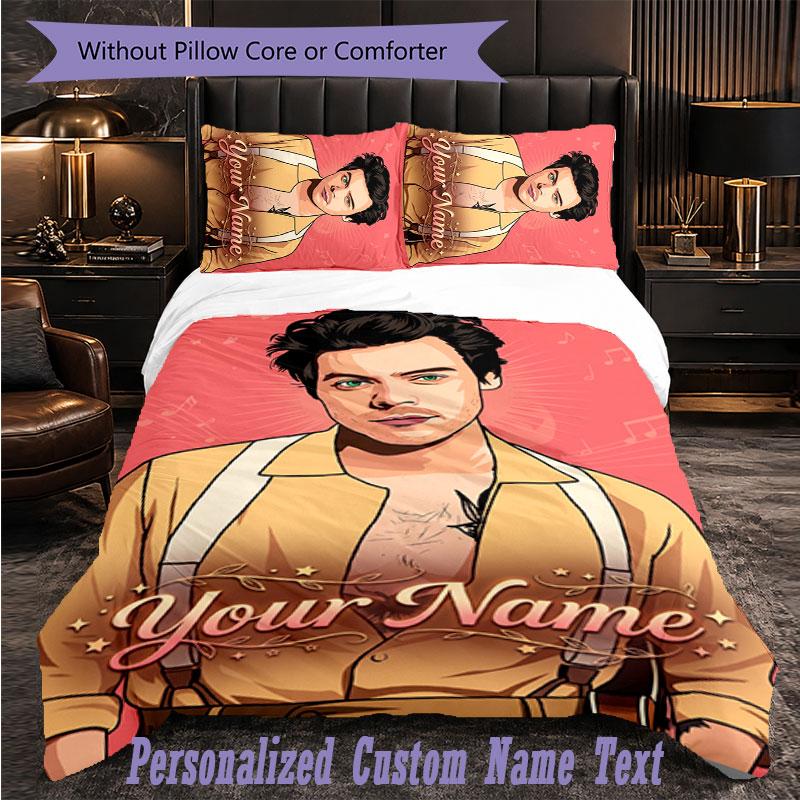 Personalized 3Pcs Bedding SetHarry Styles Custom Text Duvet Cover Pillowcase Set Bedroom Gift