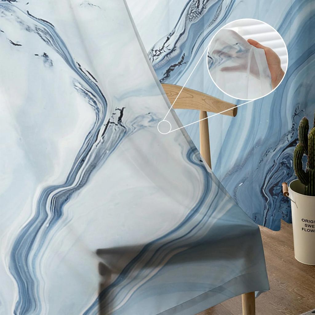 Marble Fluid Texture Blue Tulle Curtain For Living Room Bedroom Kitchen Decoration Window Voiles Tulle Curtain