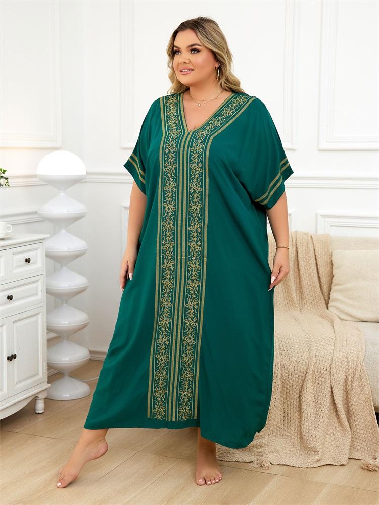 EDOLYNSA Women's Loose Black Kaftan Colorful Embroidered V-neck Short Sleeve Robe Beach Maxi Dress Swimsuit Cover Up Bohemian Moo Moo Dresses