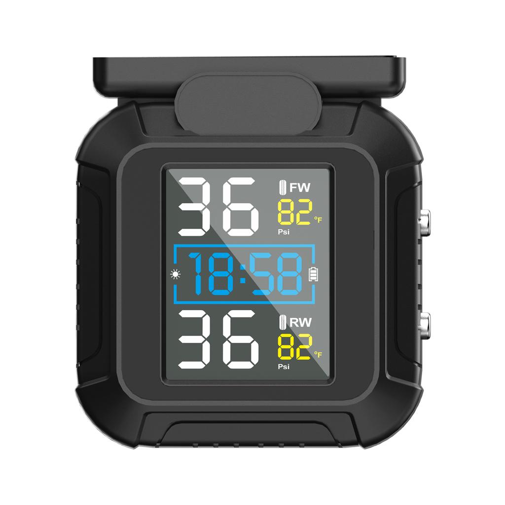 Motorcycle Tire Pressure Monitor with 2 External Sensors, Solar and USB Charging, 0 87PSI Range, Displays Pressure and