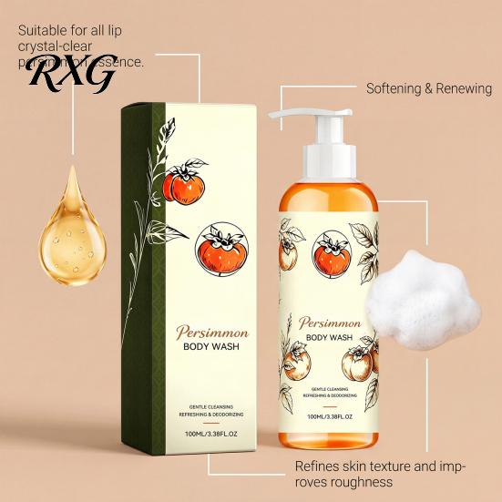 Hydrating Shower Gel Persimmon Body Wash, 100ml Gentle Exfoliating with Fresh Non Irritating Wash Fruit Scent, Deep Cleansing Mild Daily Cleanser for