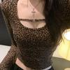 European & American Leopard Print U-Neck Slim Fit Long Sleeve Crop Top - Mature Sexy Style
