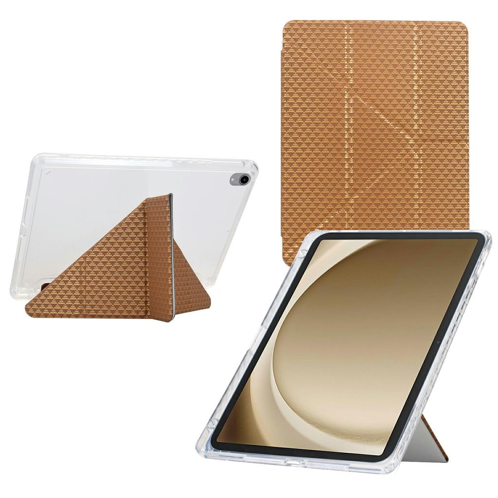 For Samsung Galaxy Tab A9+ Case Y-Fold Stand Pyramid-Patterned Leather+Clear Acrylic Tablet Cover with Pencil Holder