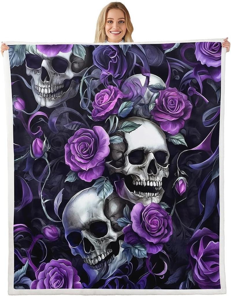 GUOYU Blanket Gothic Skull Fleece Blanket Baby Happy Halloween Sherpa Blanket Ghost Skull Goth Fuzzy Plush Throw for Adults Men WomenHorror