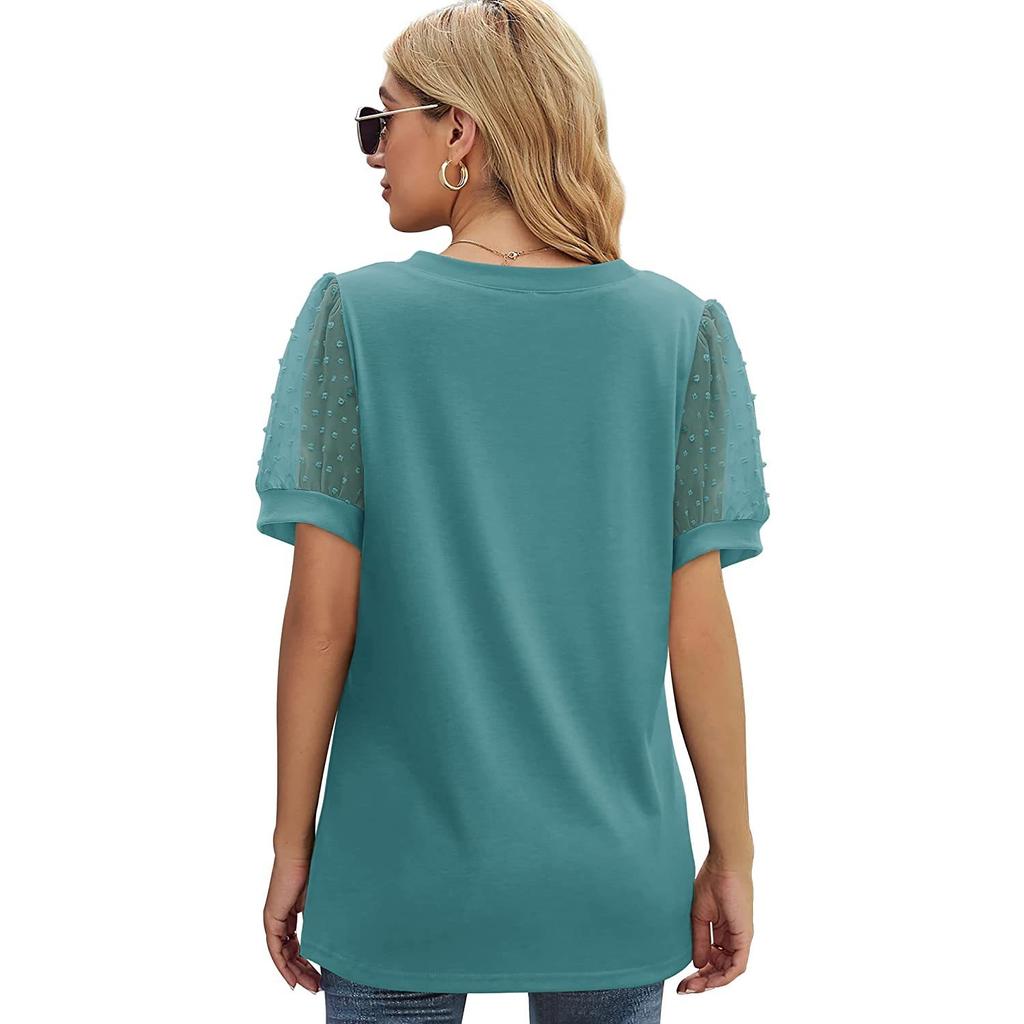 GMXIA Summer Women's T-shirt Solid Color V-neck Simple Mesh Puffed Sleeves