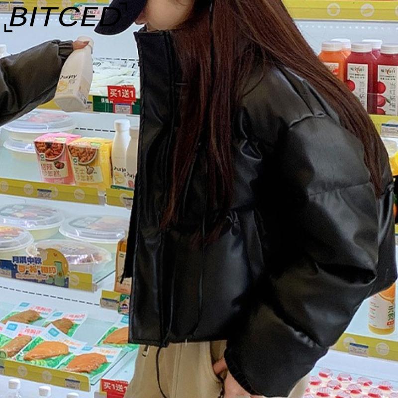 BITCED Кожаная куртка на хлопковой подкладке Осень/Зима для женщин с воротником-стойкой укороченная теплая стеганая куртка