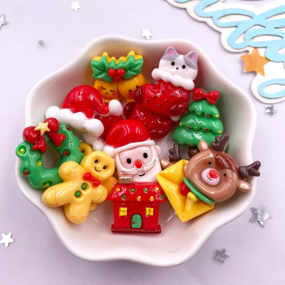 10PCS Resin Colorful Christmas tree Deer Biscuit Man Cat Gift Box Flatback Stone Cartoon Christmas Figurines Scrapbook DIY Decor