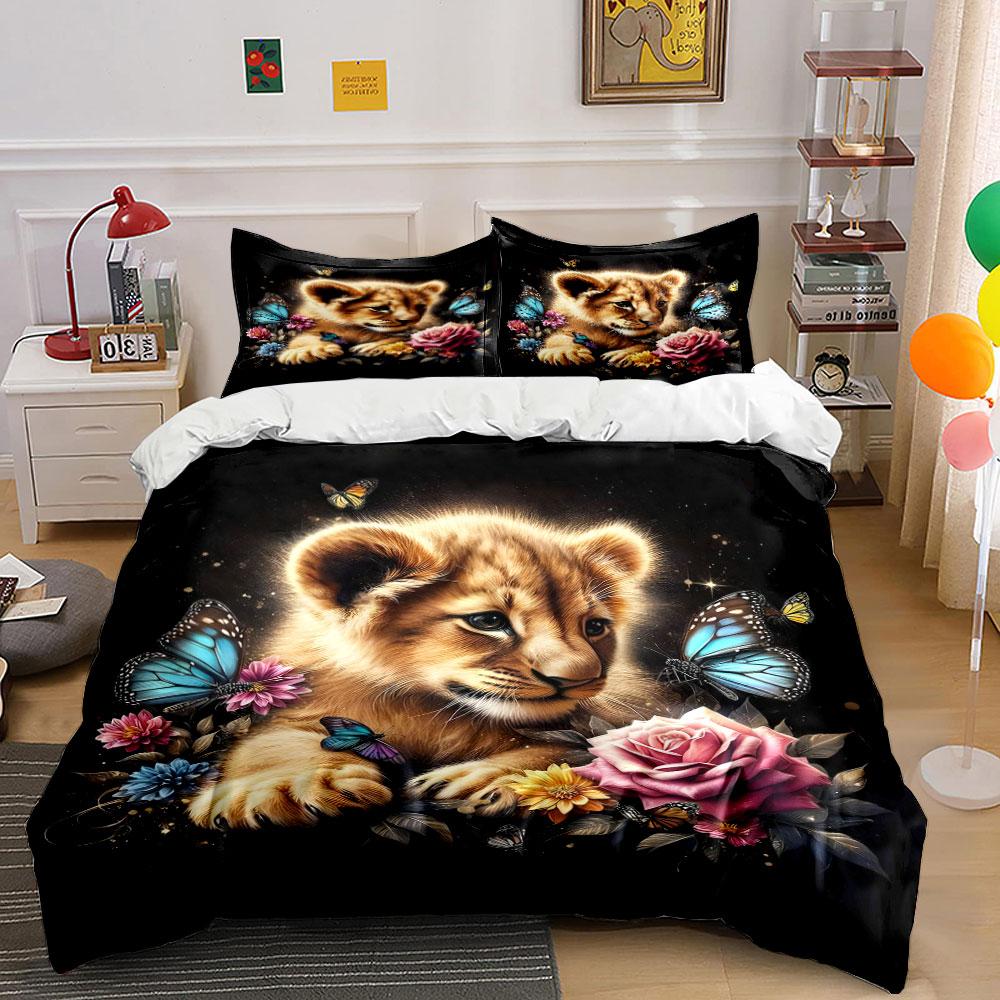 Lion cub, flowers, butterflies. Bedding sets Duvet cover sets Duvet covers Pillowcases(1 * Duvet Cover 2 * Pillowcases without duvet insert)