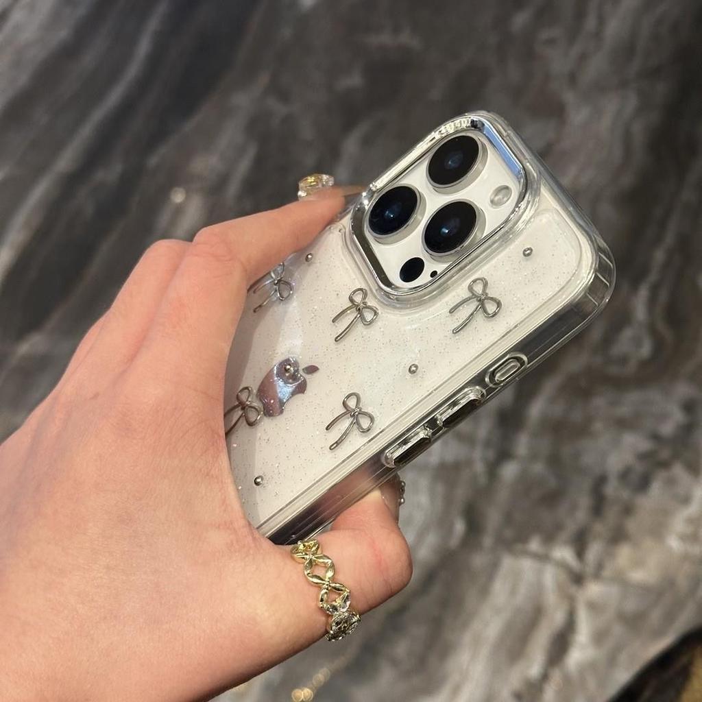 INS Корея Глиттер 3D Серебряный Бант Бусины Чехол для телефона для iPhone 17 Air 16 15 14 13 12 11 Pro Max Plus Эпоксидная оболочка Прозрачная бамперная крышка