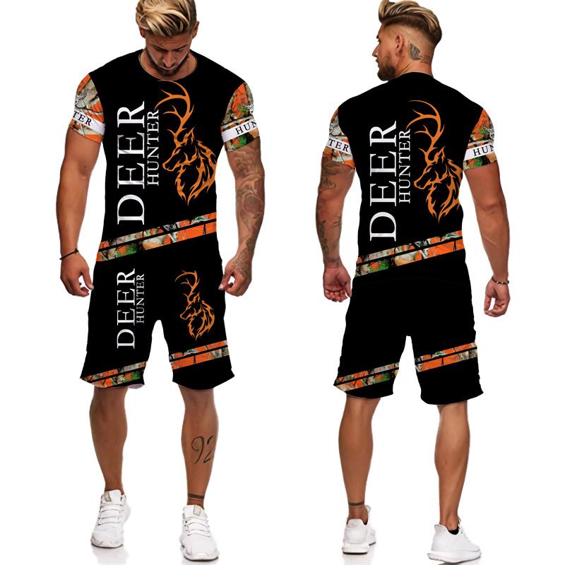 Камуфляжные футболки/шорты/комплекты с 3D принтом для охоты на животных и оленя, мужская футболка в стиле Харадзюку, спортивная одежда на открытом воздухе, костюмы, повседневная одежда для бега, комплект из 2 предметов