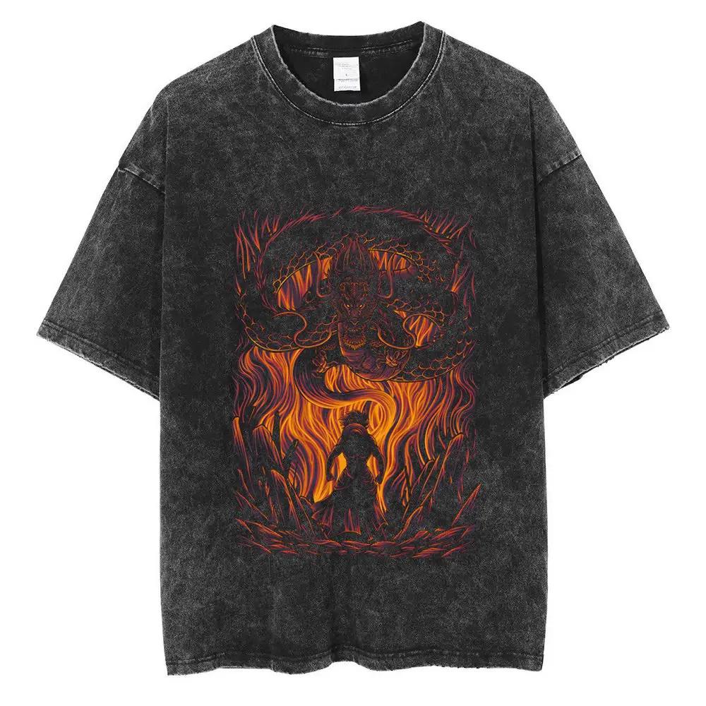 One Piece T-shirt Streetwear Washed Black Oversized Short Sleeve Casual Daily Wear Portgas D. Ace Fire Fist Dragon Flame