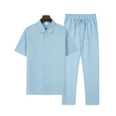 Мужские повседневные комплекты из двух частей в полоску, однотонные топы с короткими рукавами и длинные брюки, костюмы для весны и лета, спортивная одежда для улицы