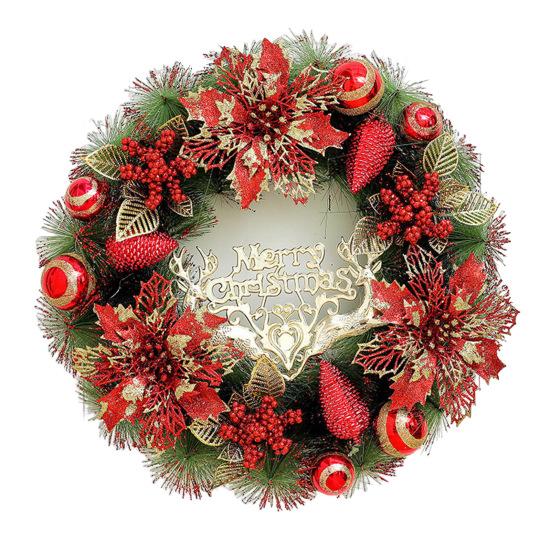 Christmas Wreath for Front Door Artificial Pine Needle Wreath with Balls Bows Flowers Merry Christmas Hanging Decor for Home Wall Window Porch Decor