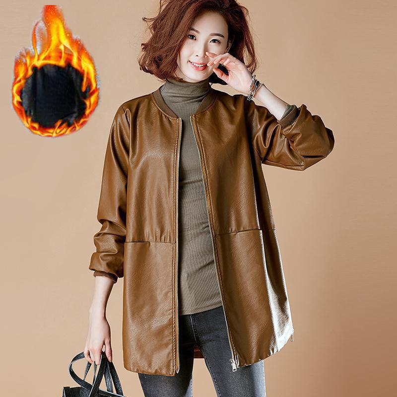 Autumn and Winter Fashion Women Leather Jacket Red Top Long Sleeve Black Coat