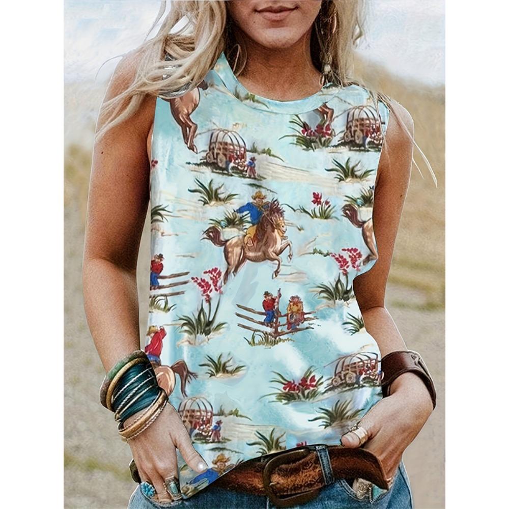 New Western Cowboy Retro Tank Tops Horse 3D Print Summer Women O-Neck Vest Off Shoulder Y2k Sleeveless Camisole Woman Clothing
