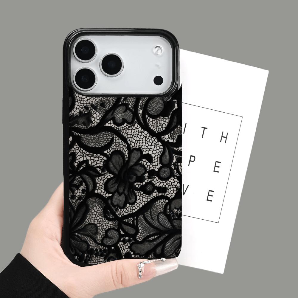 Черный кружевной 2D узор чехол для телефона подходит для iPhone 17 16 15 14 13 12 11 Pro/Max/Plus противоударная задняя крышка