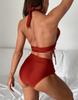 Sexy Women's Swimsuit Solid Color Halter Neck Drawstring High Waist Bikini Set Beachwear Bathing Suits