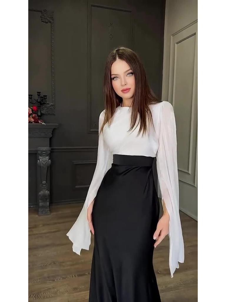 European & American 2024 Autumn Organza Satin Slim Dress with Large Swing Sleeves