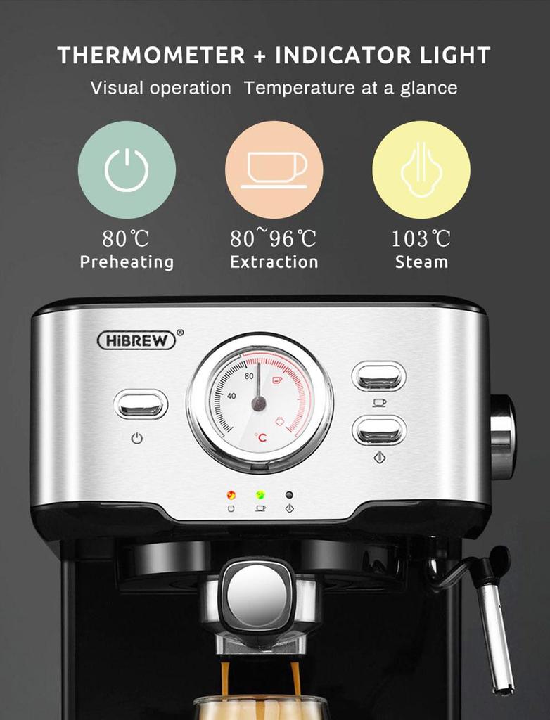 HiBREW H5 1050W Coffee Maker, 20 Bar Semi-Auto Cappuccino Espresso Coffee Machine, 1.5L Capacity, Temperature Display