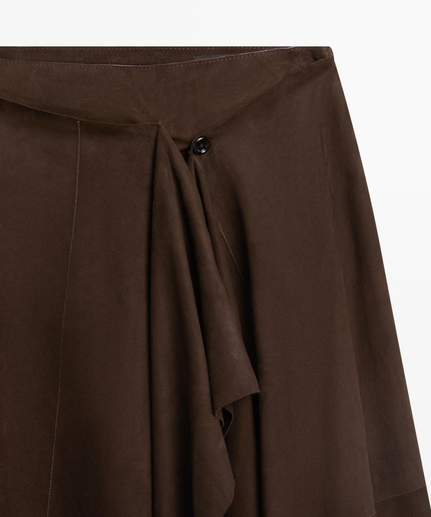 Masimodutti Suede Leather Ruffle Detail Midi Skirt
