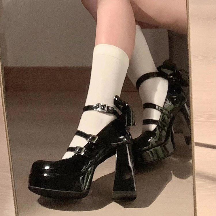 Spring Punk Thick Heel Mary Jane Lolita Shoes Woman Patent Leather Cosplay Shoes Y2k Chunky Platform High Heels Pumps