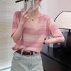 Women's Knitted T-shirt V-neck Hollow Stripe Summer Thin Ice Silk Short Sleeve Top