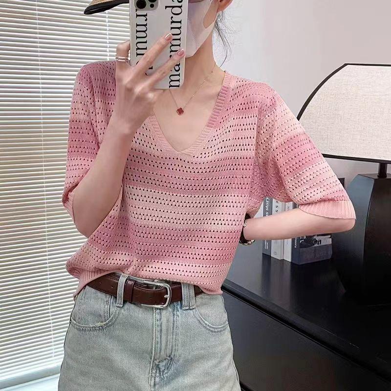 Women's Knitted T-shirt V-neck Hollow Stripe Summer Thin Ice Silk Short Sleeve Top