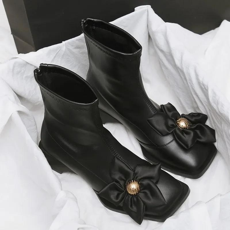 Модная обувь для женщин 2024 года, модные женские ботинки на молнии, зимние, с квадратным носком, с цветами, однотонные, короткие, на толстом каблуке, ботинки Zapatos Mujer
