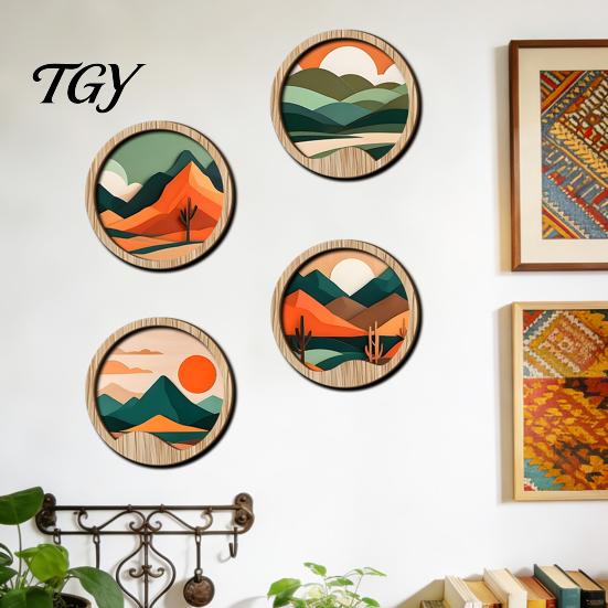 Rustic Wood Wall Sculptures Forest Sunset Scenery 2D Hanging, Boho Wooden Art Sign, Neutral Tone Ornaments Nature Tree Decor for Bedroom Living